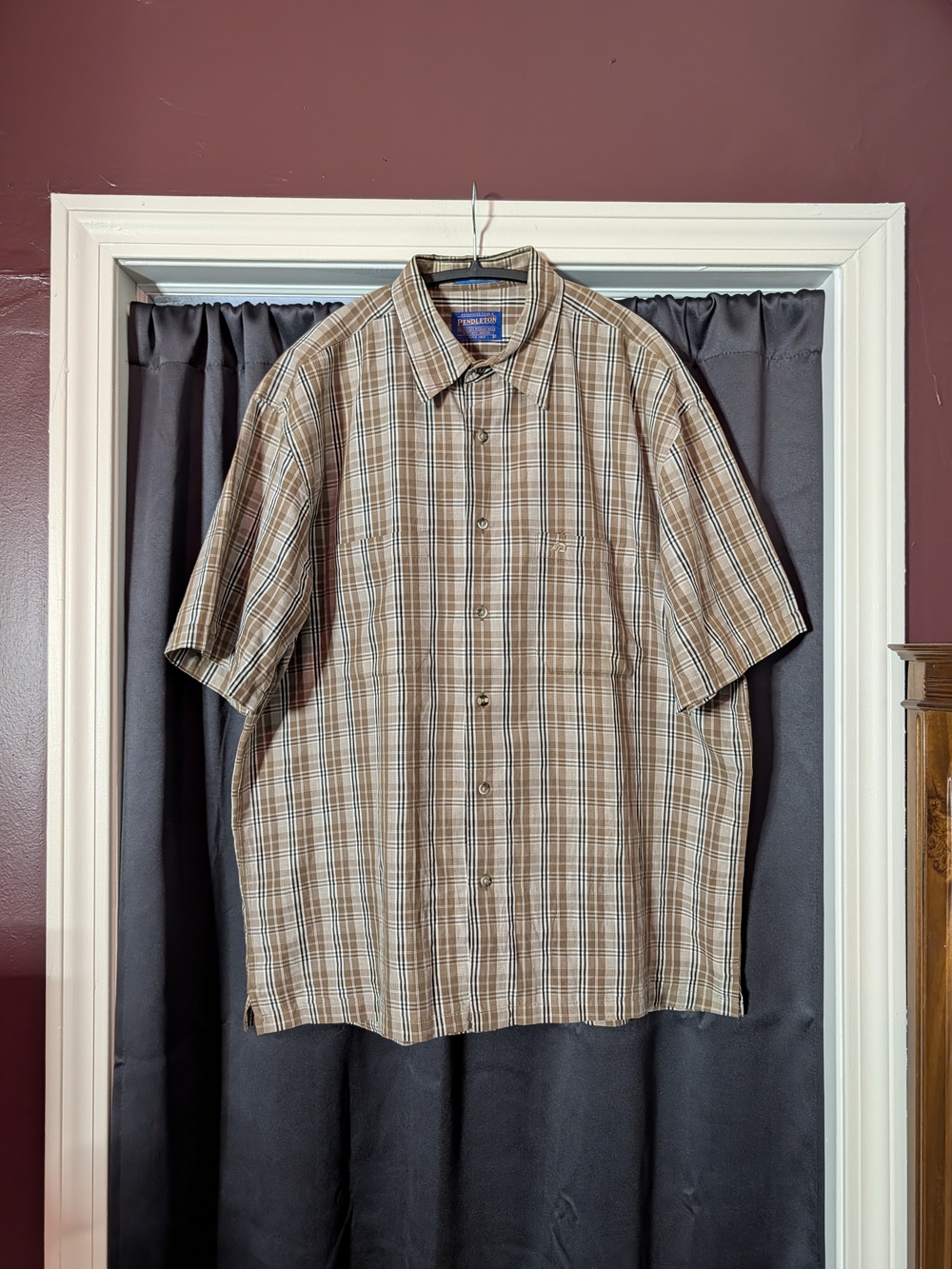 Pendleton Brown and Cream Plaid Short-Sleeve Ram Head Logo Button-up Shirt L